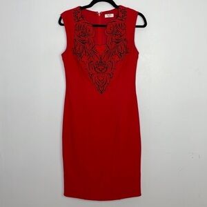 Paul Brial designer evening cocktail chic appliqué embroidered red dress